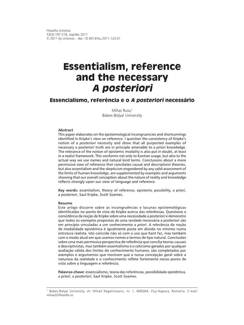 Essentialism, Reference and the Necessary a Posteriori