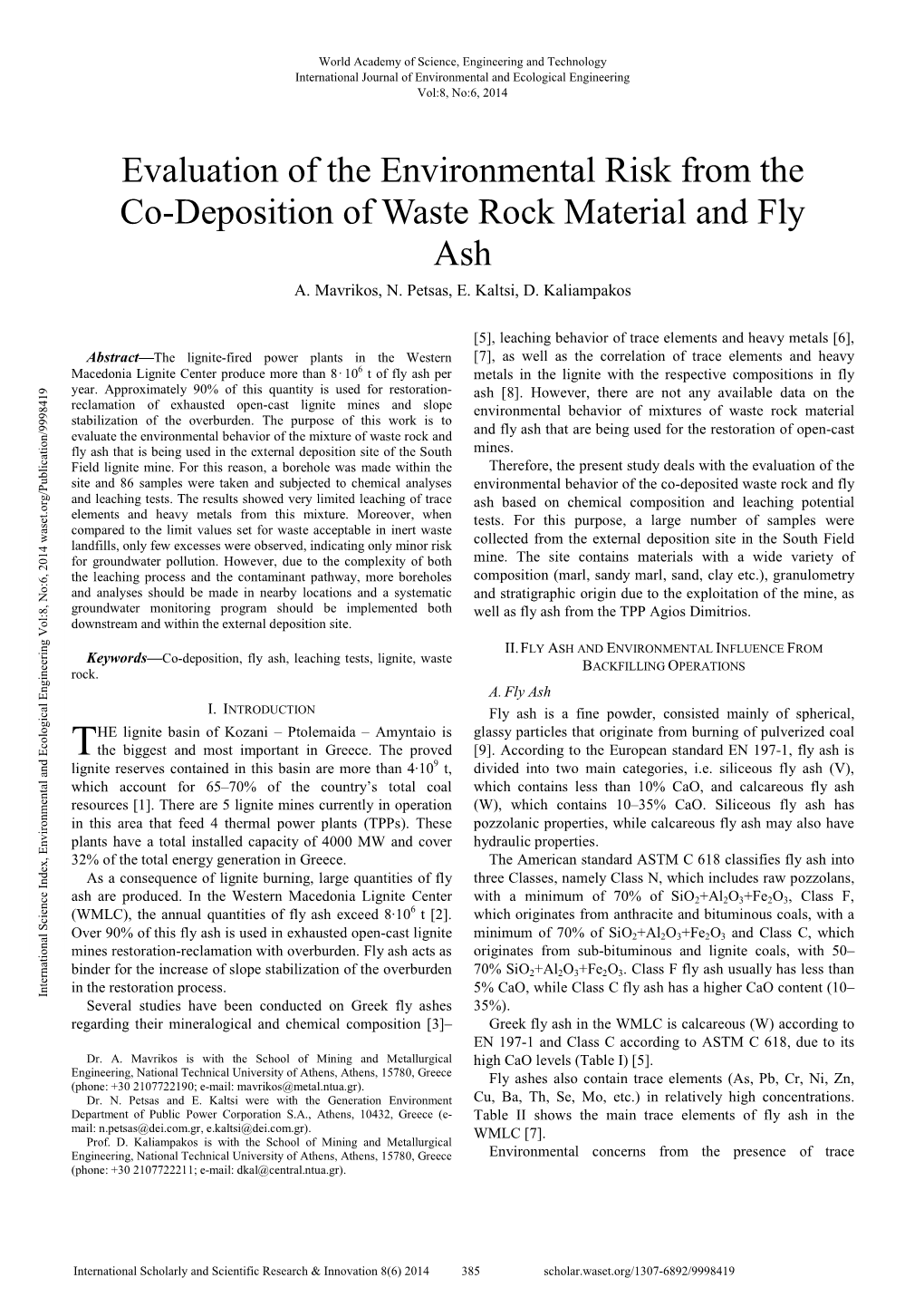 Evaluation of the Environmental Risk from the Co-Deposition of Waste