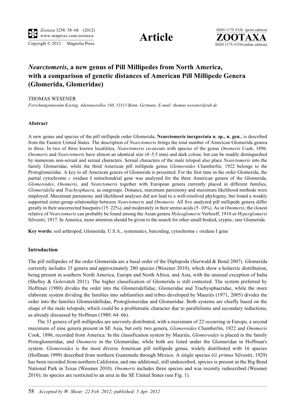 Nearctomeris, a New Genus of Pill Millipedes from North America, with a Comparison of Genetic Distances of American Pill Millipede Genera (Glomerida, Glomeridae)