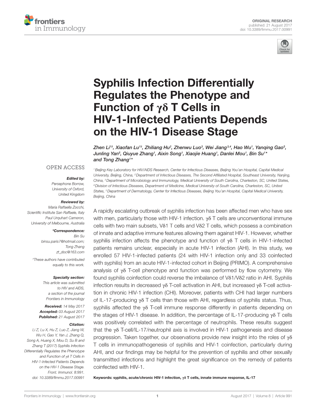 Syphilis Infection Differentially Regulates the Phenotype and Function of Γδ T Cells in Hiv-1-Infected Patients Depends on the Hiv-1 Disease Stage