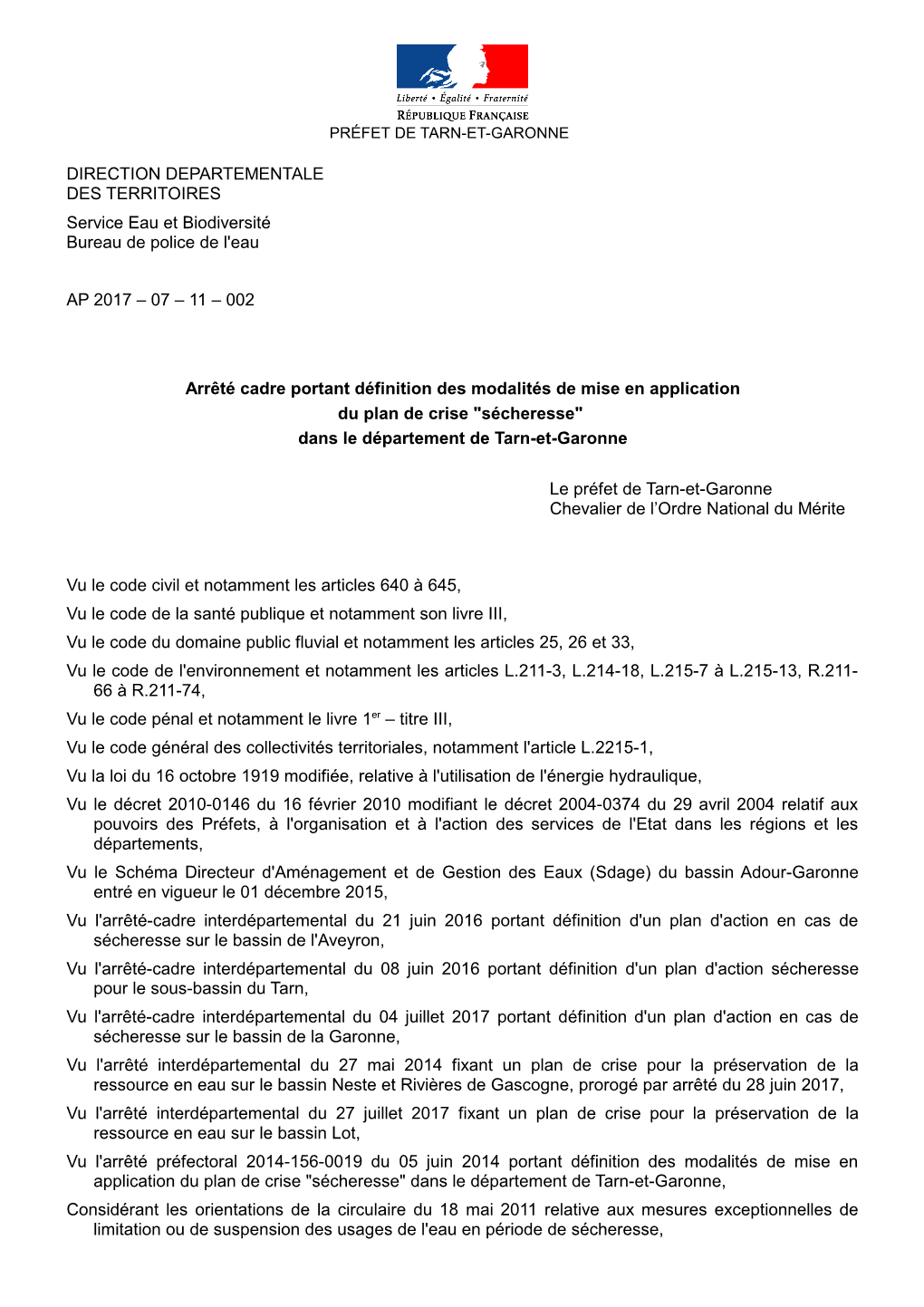 DIRECTION DEPARTEMENTALE DES TERRITOIRES Service Eau Et Biodiversité Bureau De Police De L'eau