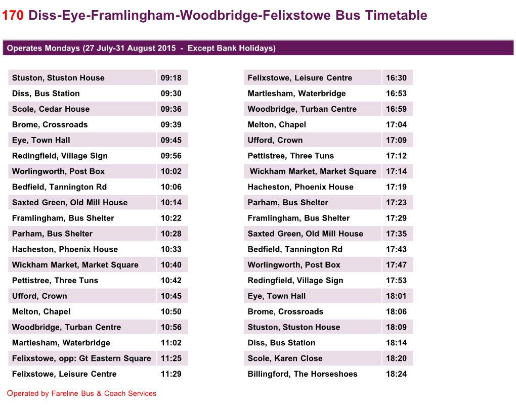 Diss to Felixstowe 170 - Felixstowe Timetables