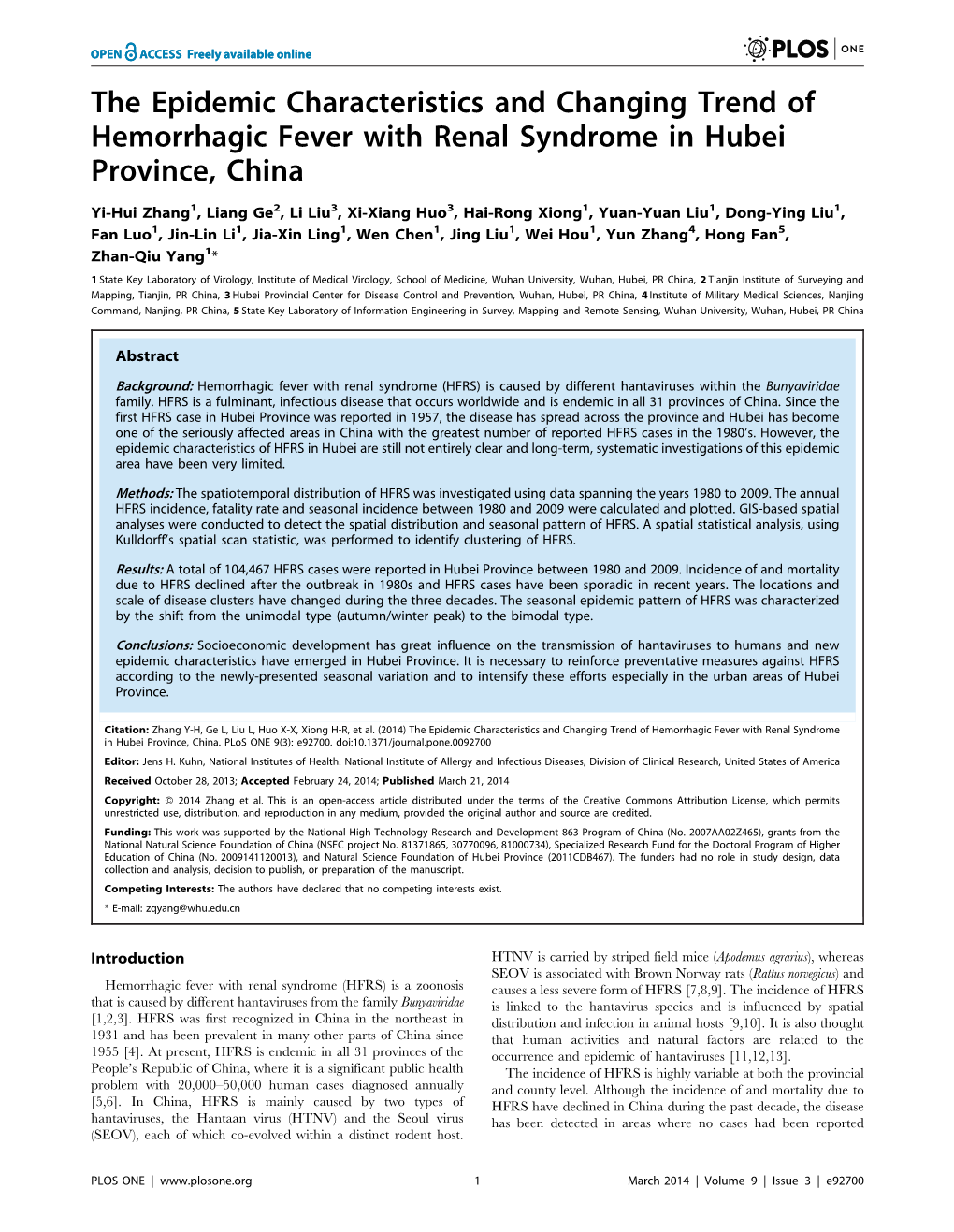 The Epidemic Characteristics and Changing Trend of Hemorrhagic Fever with Renal Syndrome in Hubei Province, China