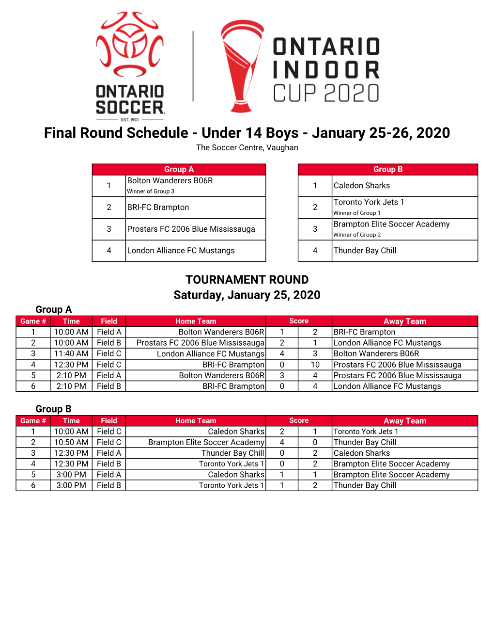 Final Round Schedule - Under 14 Boys - January 25-26, 2020 the Soccer Centre, Vaughan