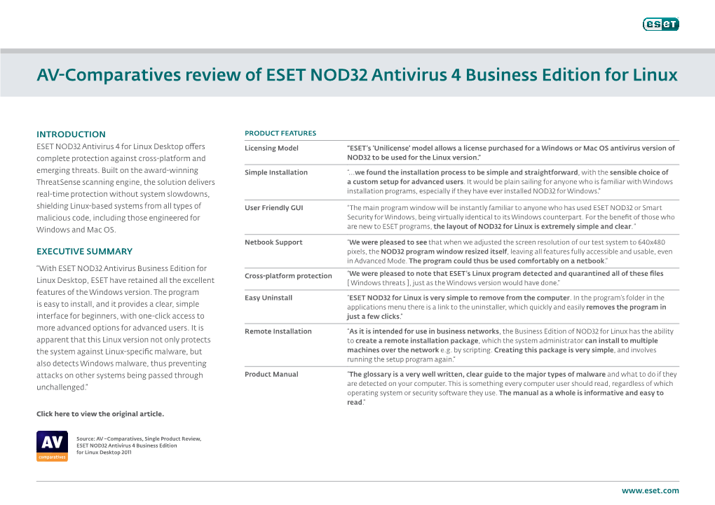 AV-Comparatives Review of ESET NOD32 Antivirus 4 Business Edition for Linux