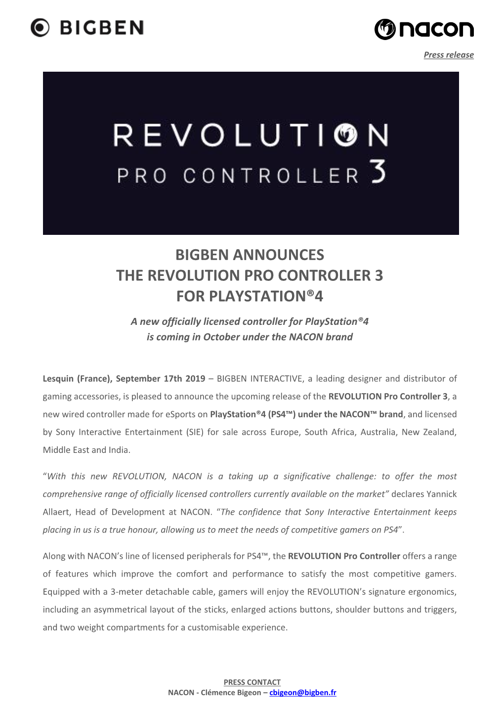Bigben Announces the Revolution Pro Controller 3 for Playstation®4