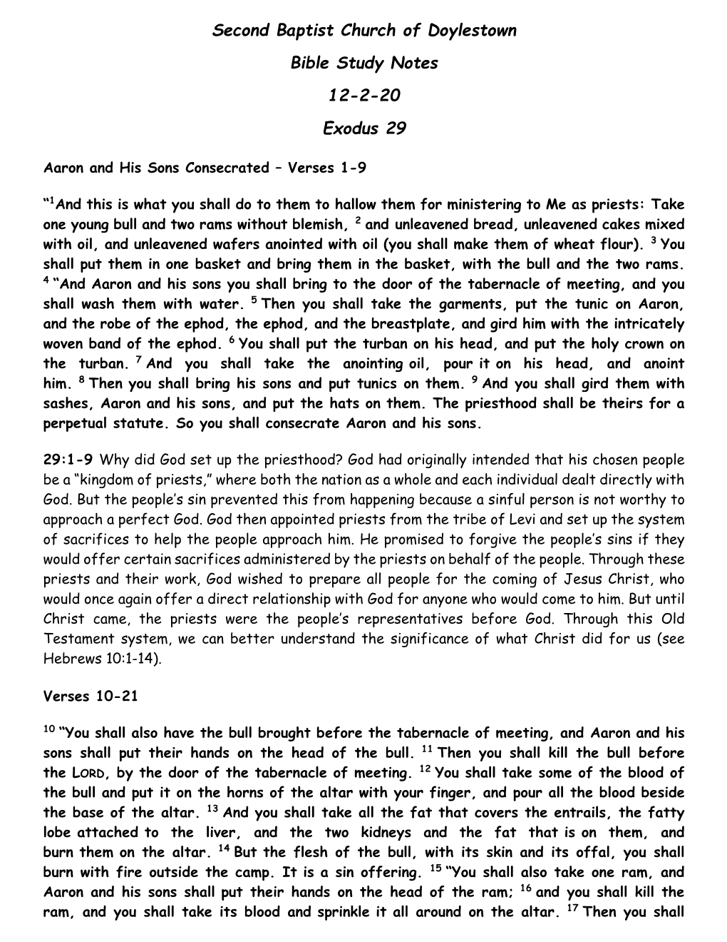 Second Baptist Church of Doylestown Bible Study Notes 12-2-20 Exodus 29