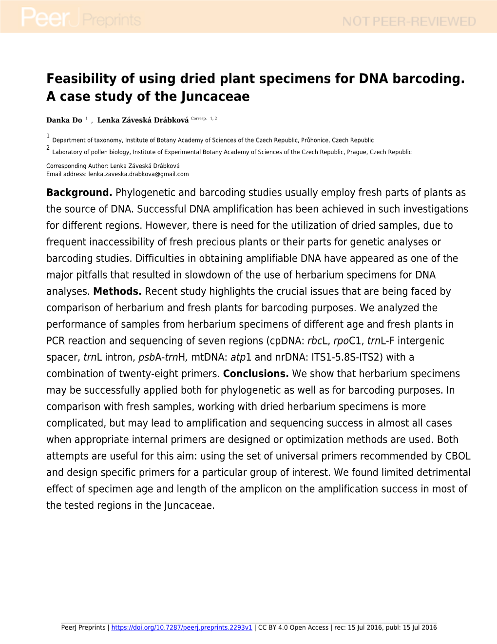 Feasibility of Using Dried Plant Specimens for DNA Barcoding. a Case Study of the Juncaceae