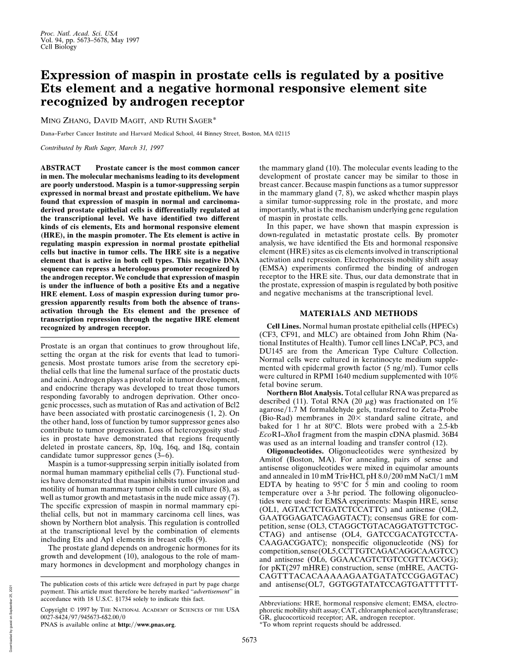 Expression of Maspin in Prostate Cells Is Regulated by a Positive Ets Element and a Negative Hormonal Responsive Element Site Recognized by Androgen Receptor