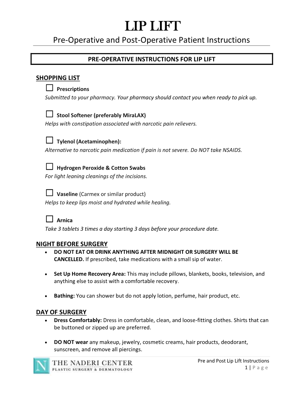 Lip Lift Pre & Post Operative Instructions