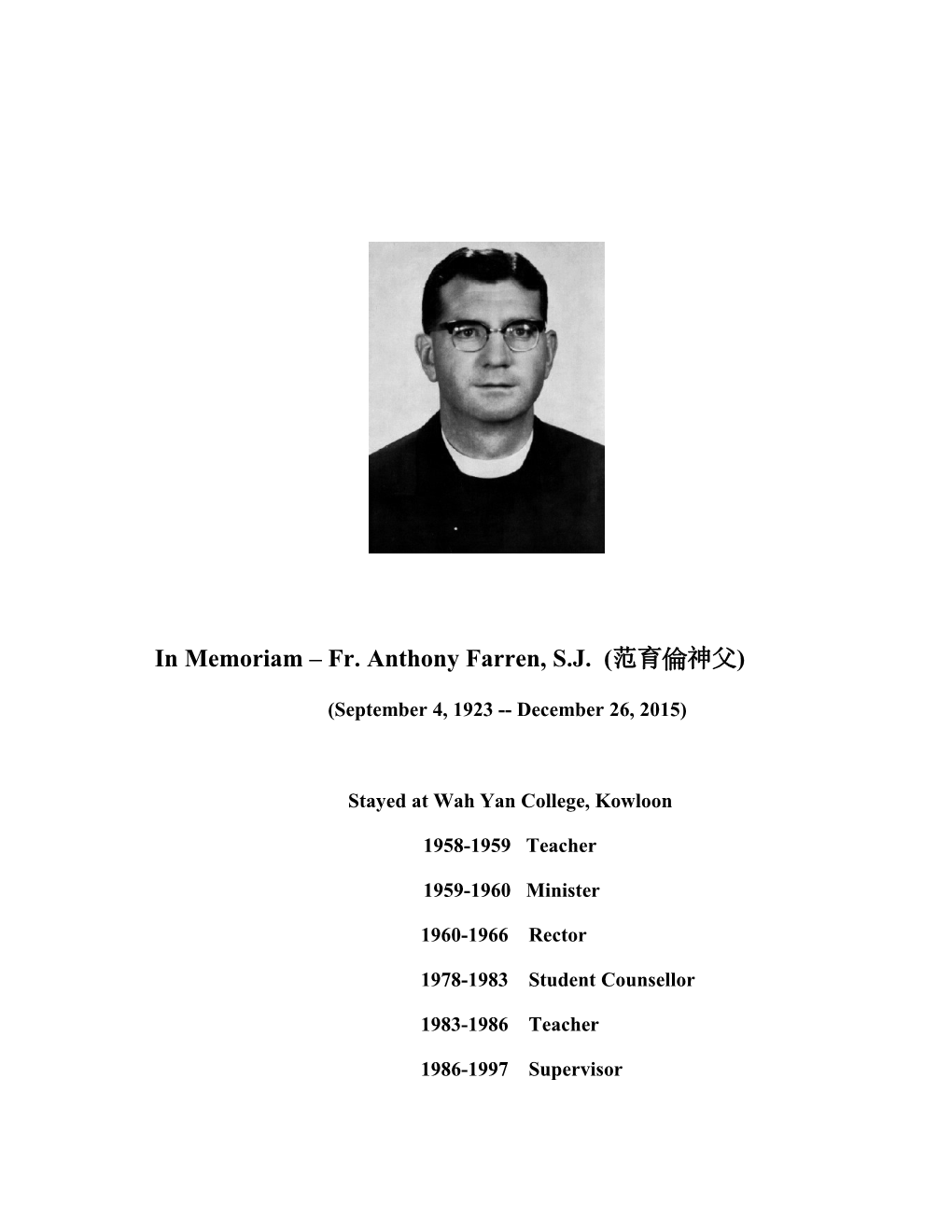 Memorial of Fr. Farren