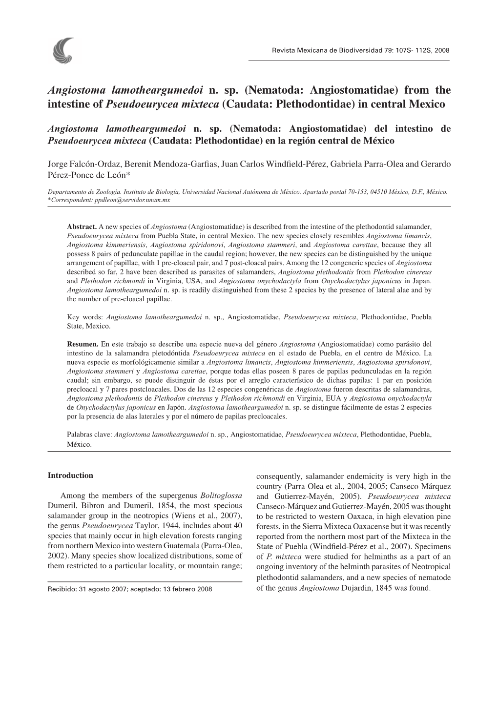 Angiostoma Lamotheargumedoi N. Sp. (Nematoda: Angiostomatidae) from the Intestine of Pseudoeurycea Mixteca (Caudata: Plethodontidae) in Central Mexico