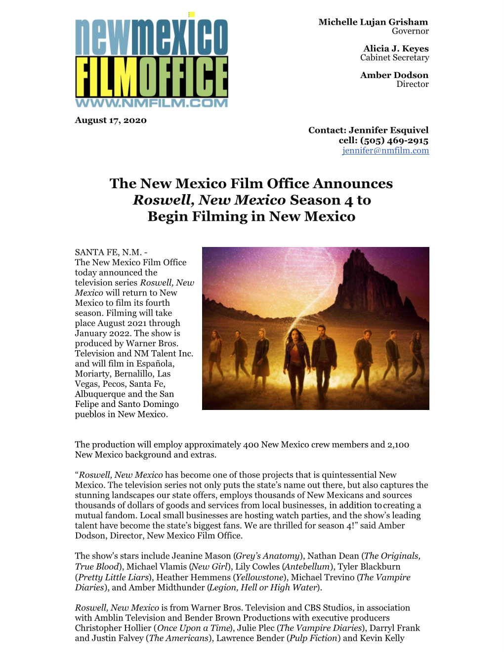 The New Mexico Film Office Announces Roswell, New Mexico Season 4 to Begin Filming in New Mexico