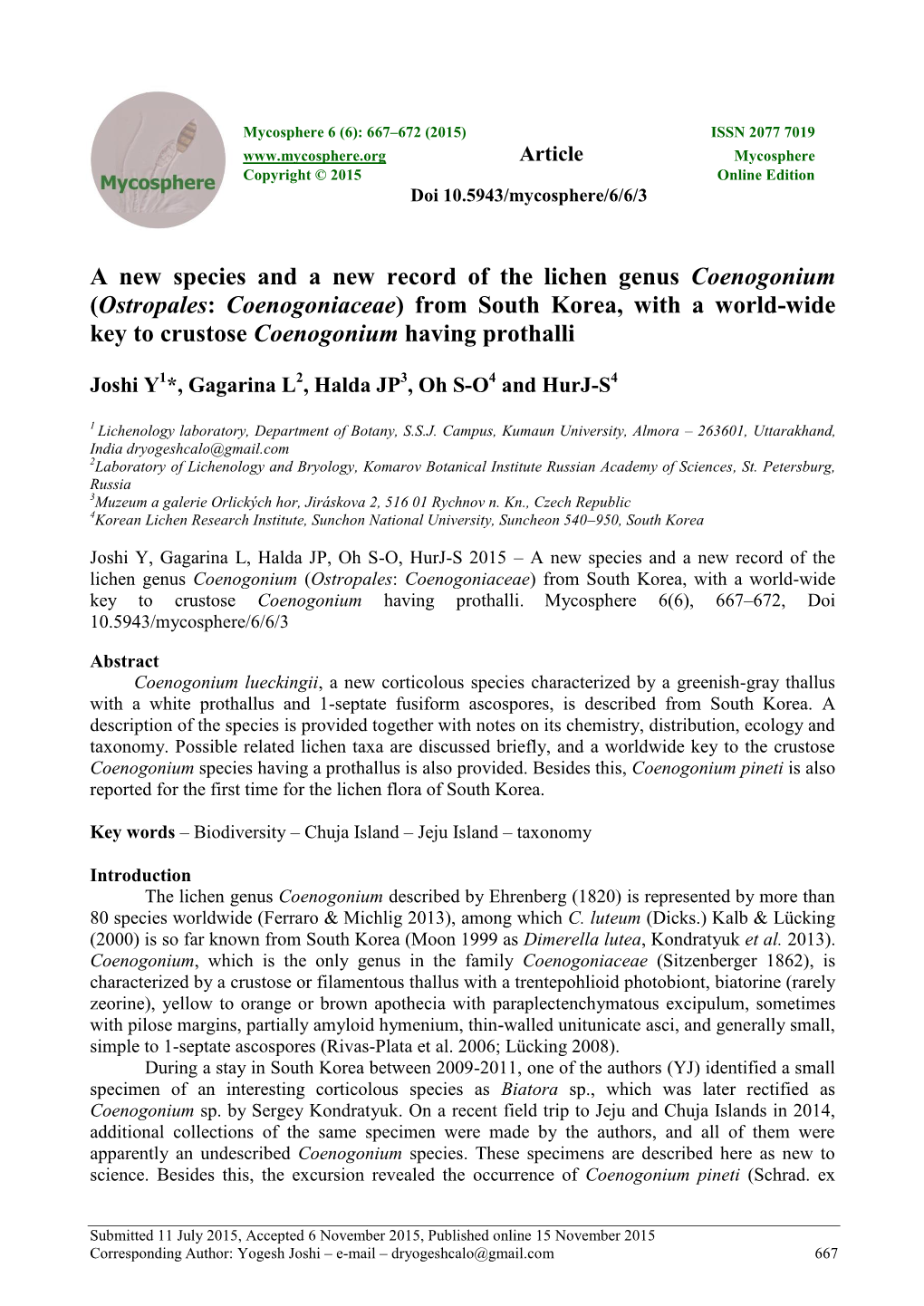 Ostropales: Coenogoniaceae) from South Korea, with a World-Wide Key to Crustose Coenogonium Having Prothalli