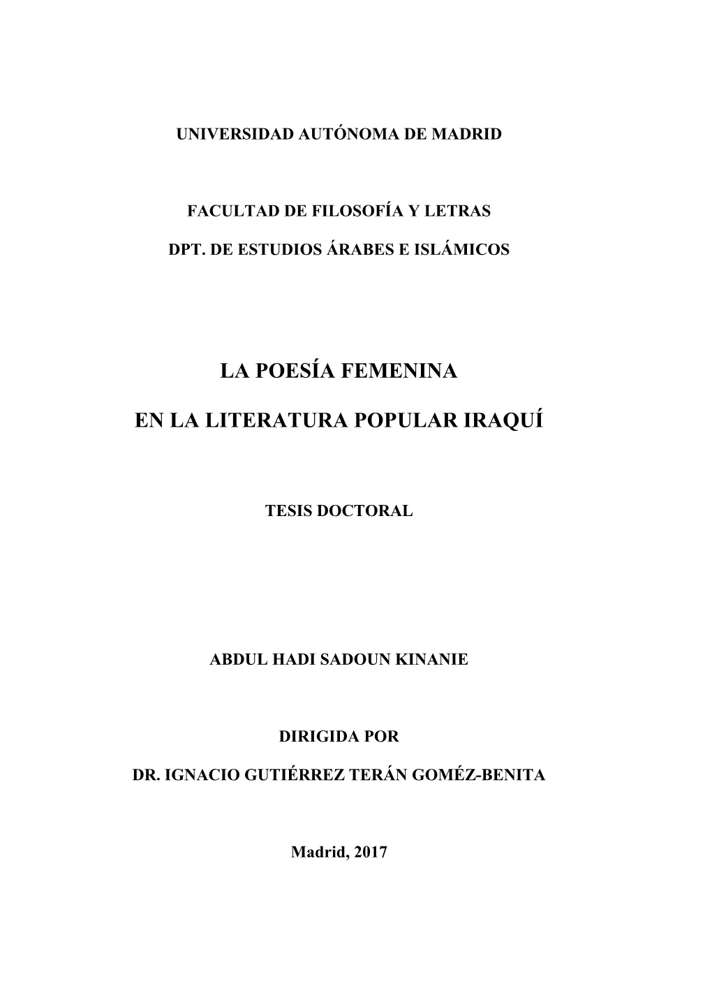 La Poesía FEMENINA En La Literatura Popular Iraquí Autor: Abdul Hadi Sadoun Kinanie