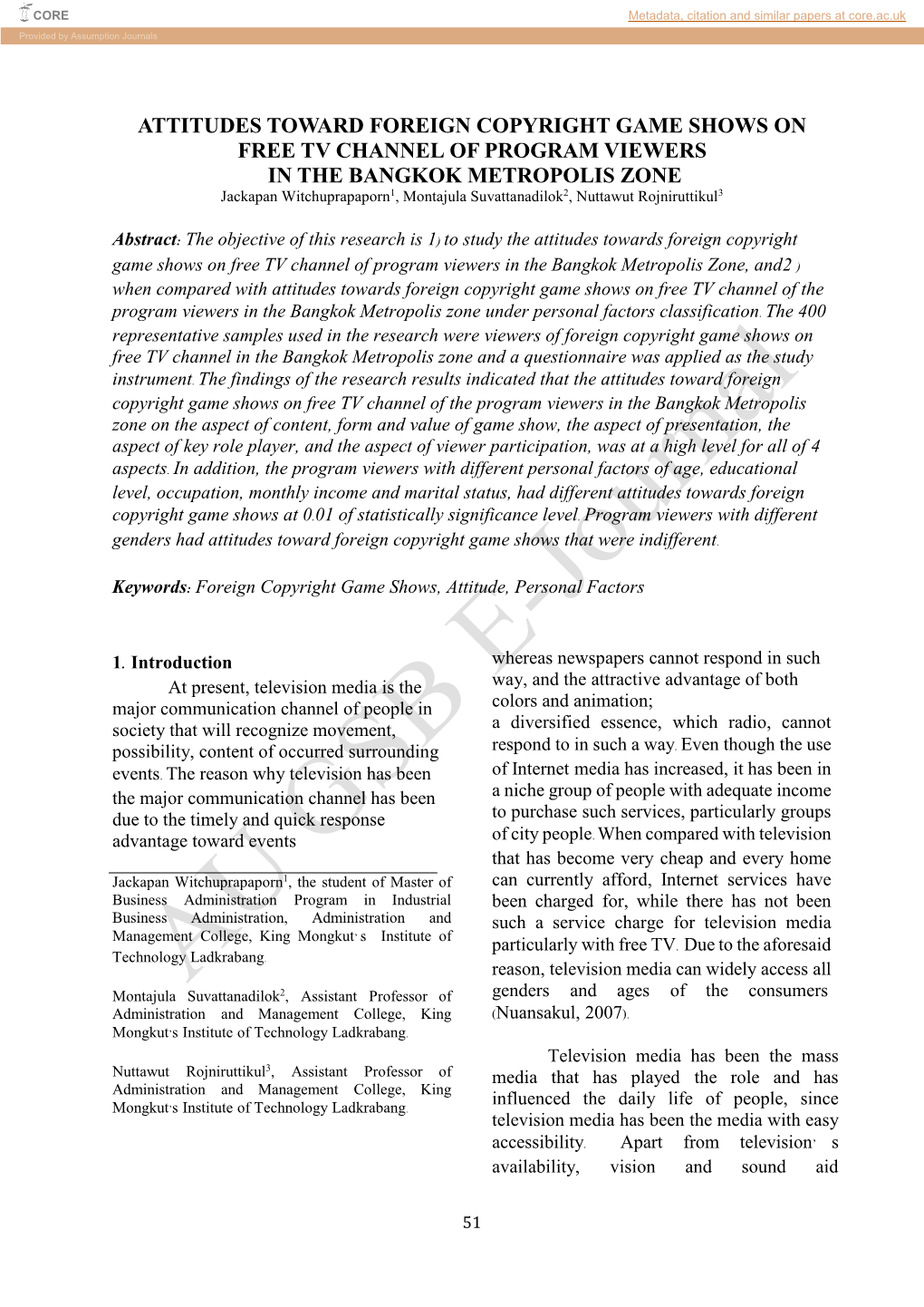 Attitudes Toward Foreign Copyright Game Shows on Free Tv Channel of Program Viewers in the Bangkok Metropolis Zone