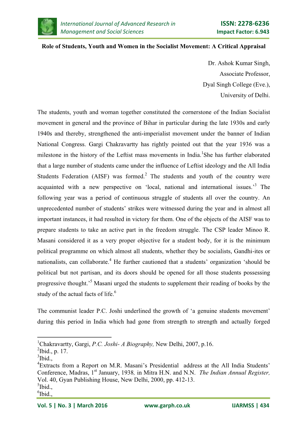 ISSN: 2278-6236 Management and Social Sciences Impact Factor: 6.943