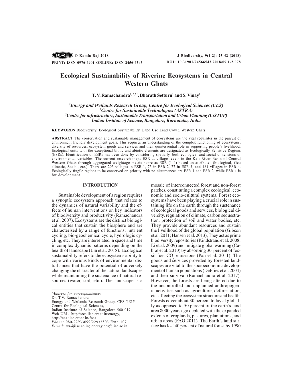 Ecological Sustainability of Riverine Ecosystems in Central Western Ghats