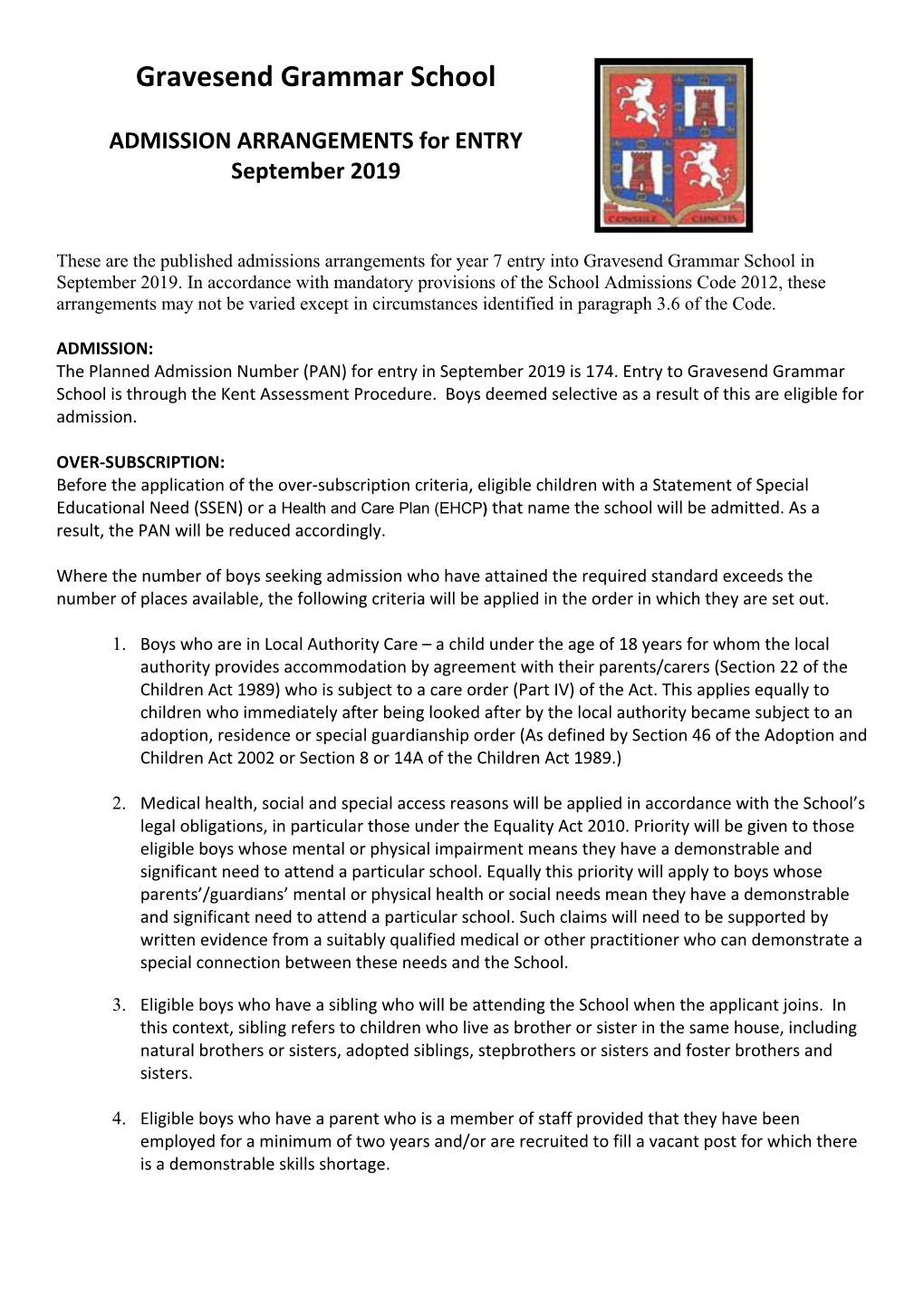 ADMISSION ARRANGEMENTS for ENTRY September 2019