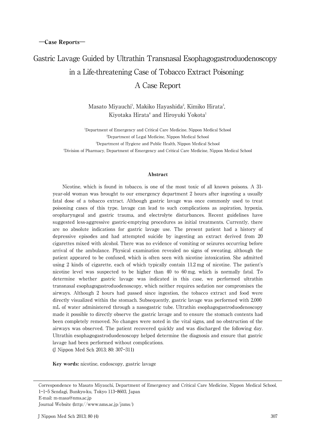 Gastric Lavage Guided by Ultrathin Transnasal Esophagogastroduodenoscopy in a Life-Threatening Case of Tobacco Extract Poisoning: a Case Report