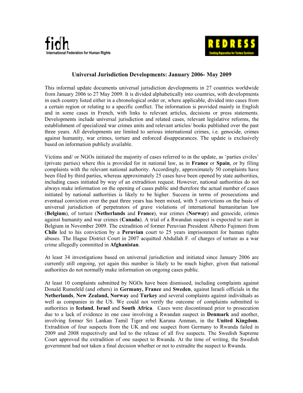 Universal Jurisdiction Developments: January 2006- May 2009