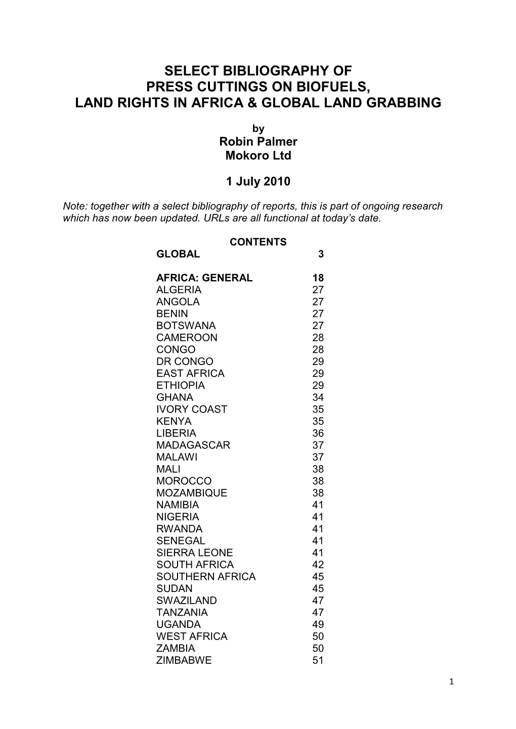 Select Bibliography of Press Cuttings on Biofuels, Land Rights in Africa & Global Land Grabbing