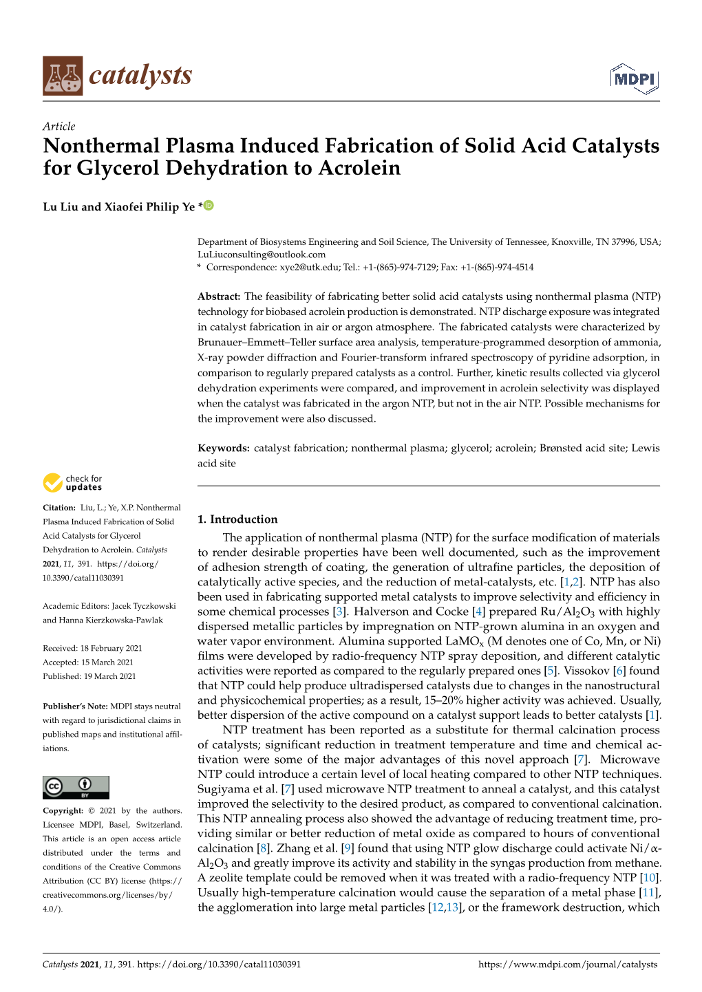 Nonthermal Plasma Induced Fabrication of Solid Acid Catalysts for Glycerol Dehydration to Acrolein