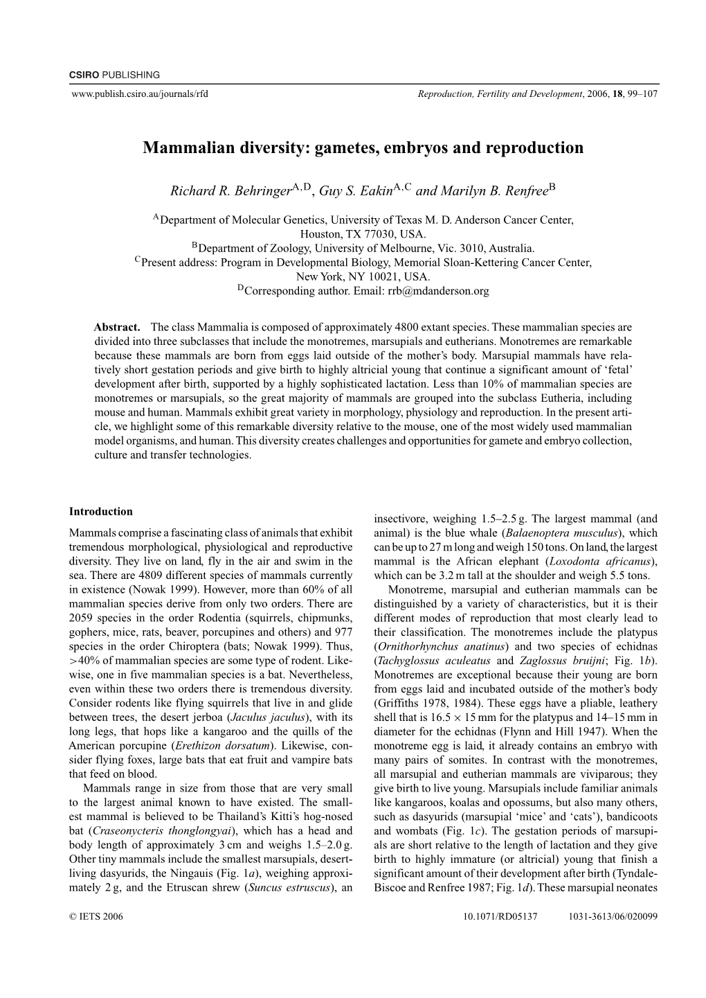 Mammalian Diversity: Gametes, Embryos and Reproduction