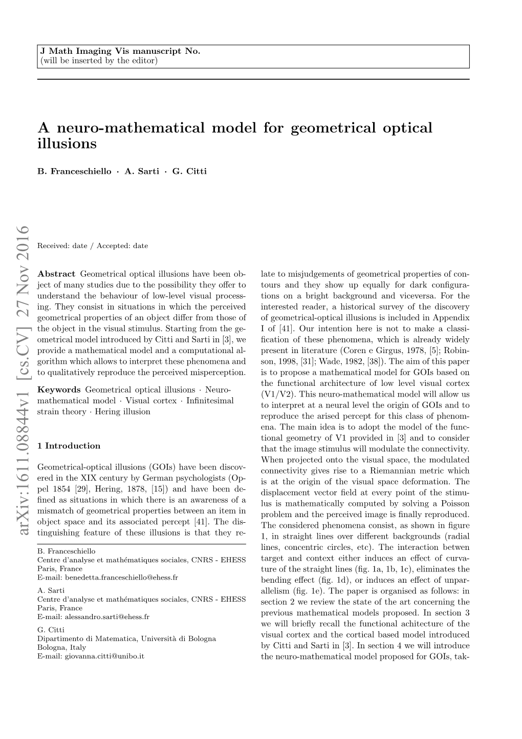 A Neuro-Mathematical Model for Geometrical Optical Illusions