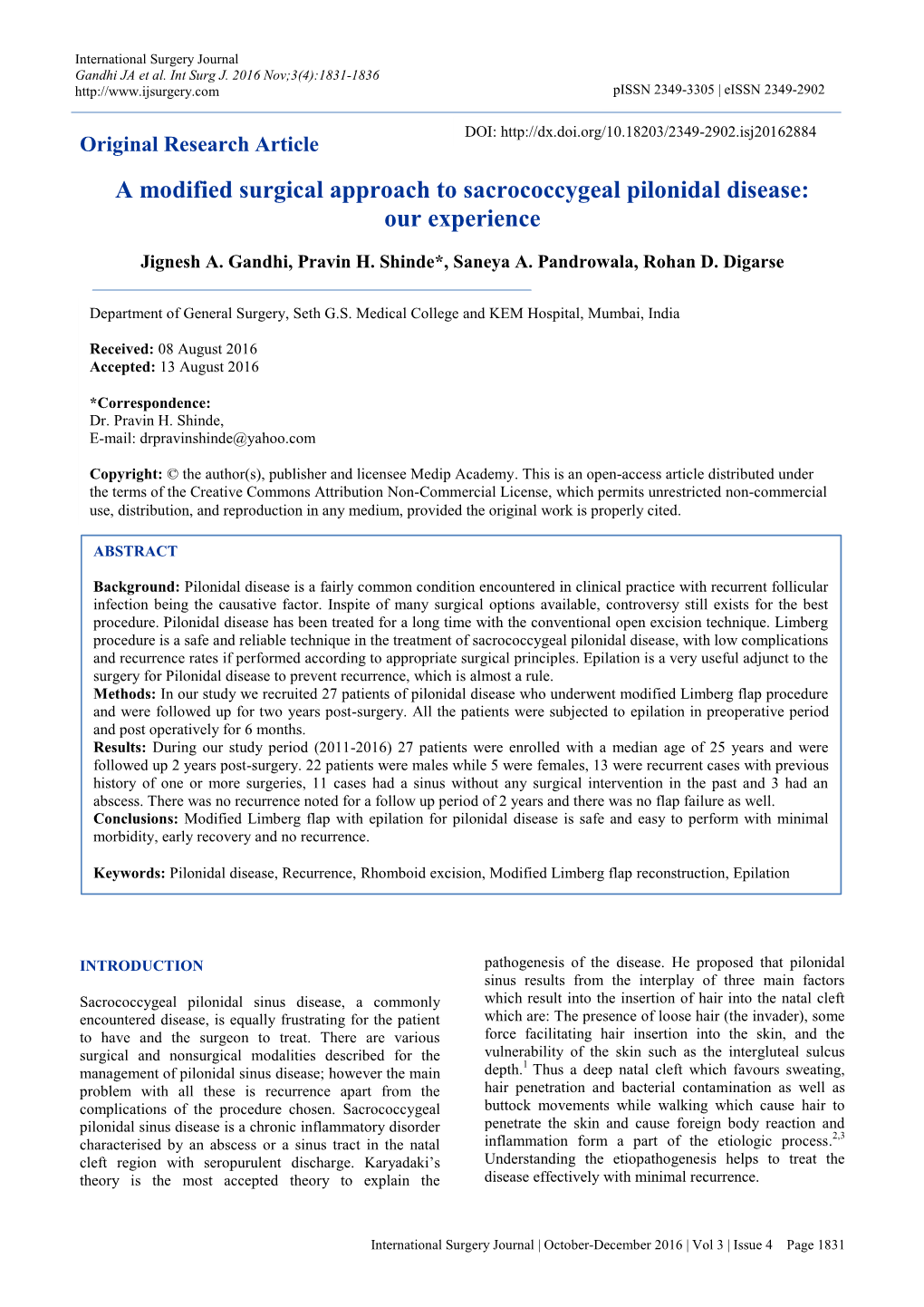 A Modified Surgical Approach to Sacrococcygeal Pilonidal Disease: Our Experience