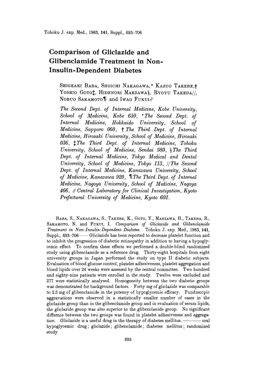 Comparison of Gliclazide and Glibenclamide Treatment in Non-Insulin-Dependent Diabetes