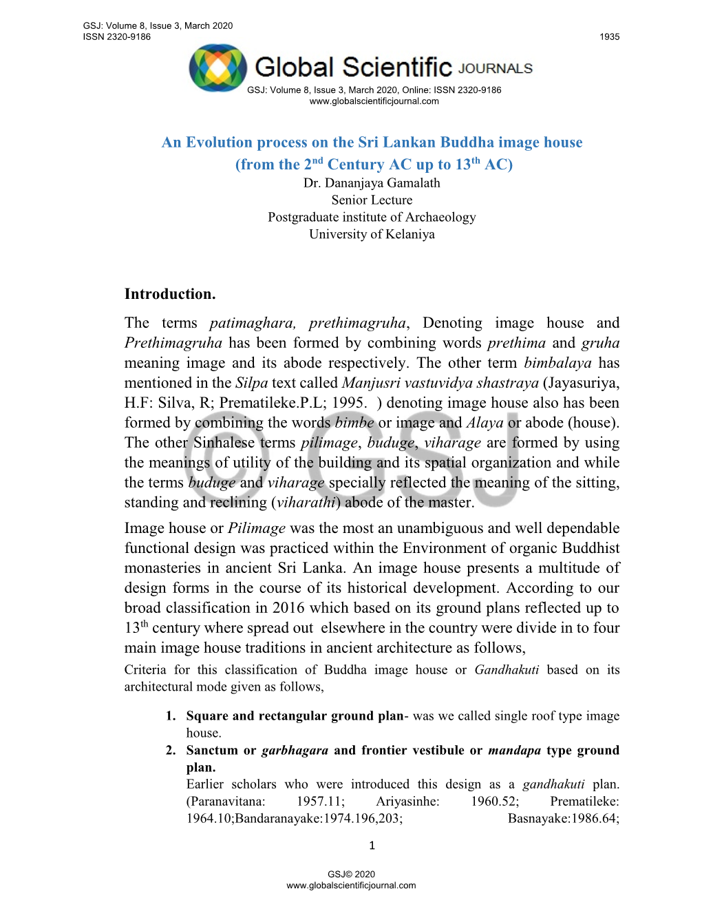 An Evolution Process on the Sri Lankan Buddha Image House (From the 2Nd Century AC up to 13Th AC) Dr