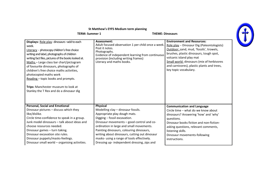 St Matthew S EYFS Medium Term Planning