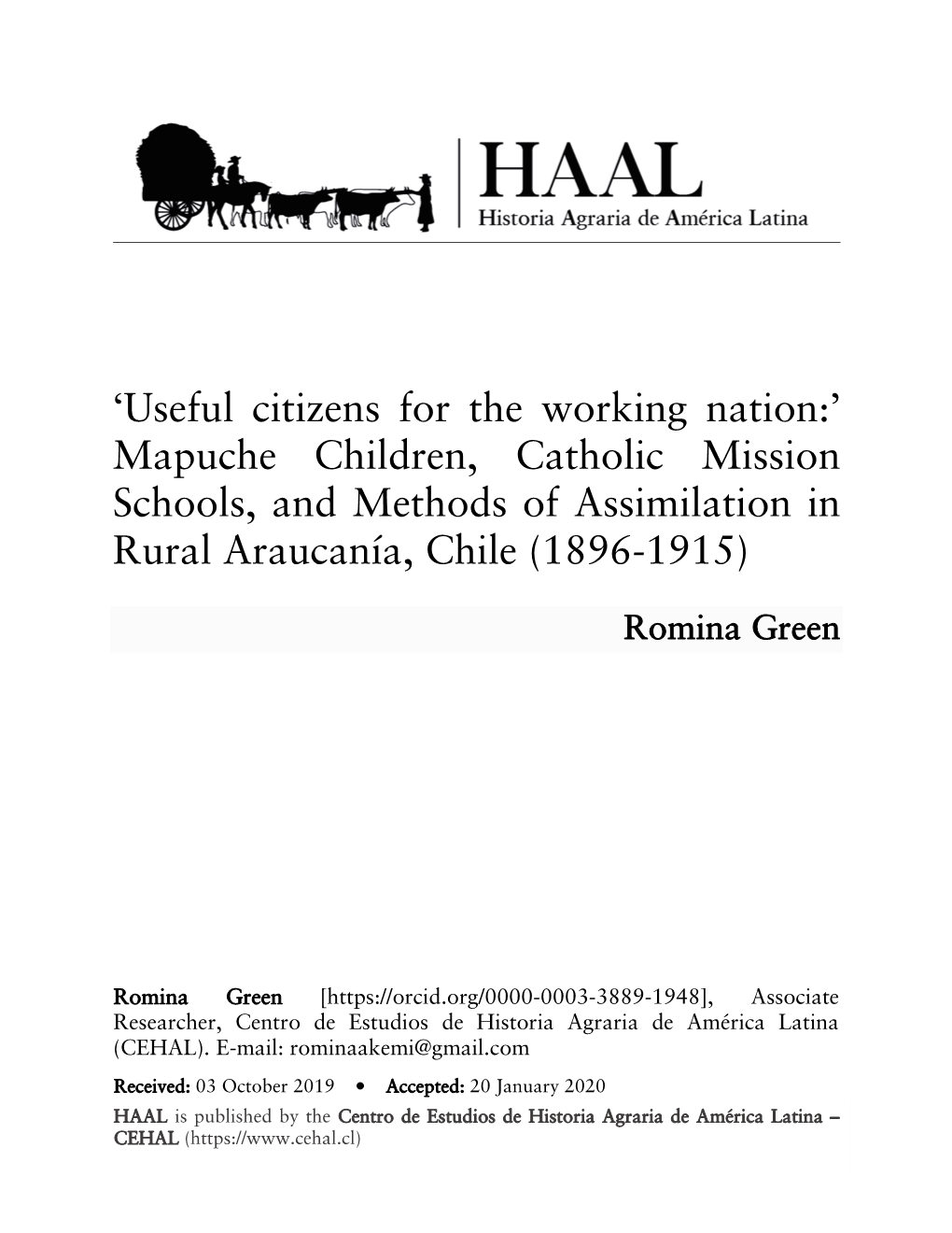 'Useful Citizens for the Working Nation:' Mapuche Children, Catholic