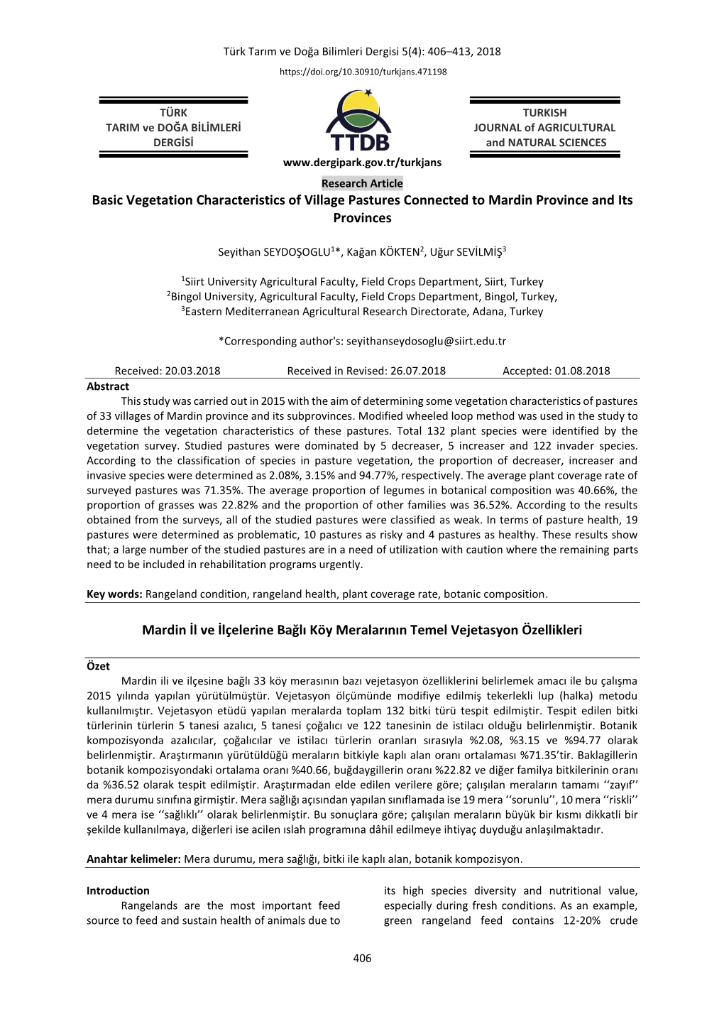 Basic Vegetation Characteristics of Village Pastures Connected to Mardin Province and Its Provinces