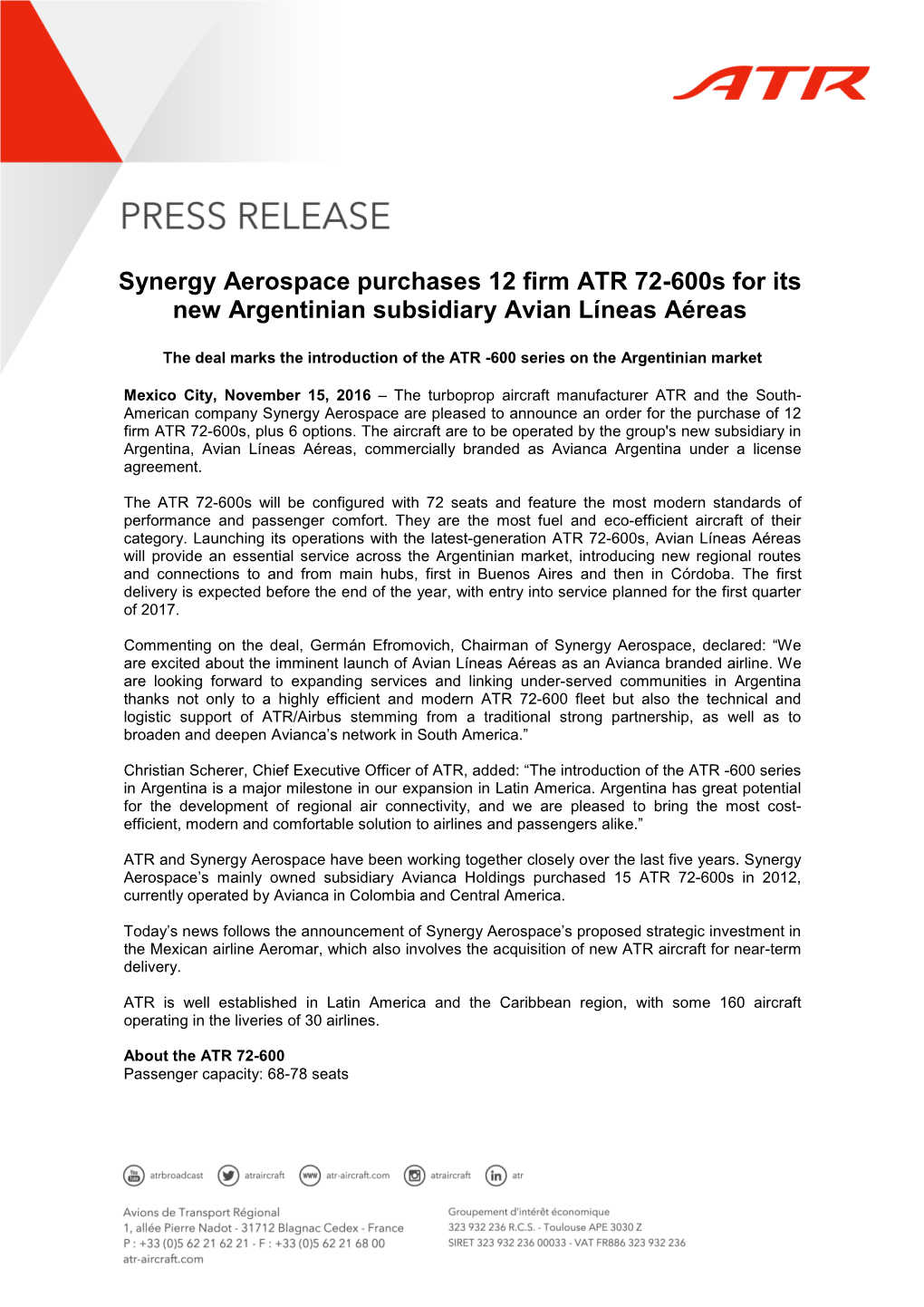 Synergy Aerospace Purchases 12 Firm ATR 72-600S for Its New Argentinian Subsidiary Avian Líneas Aéreas