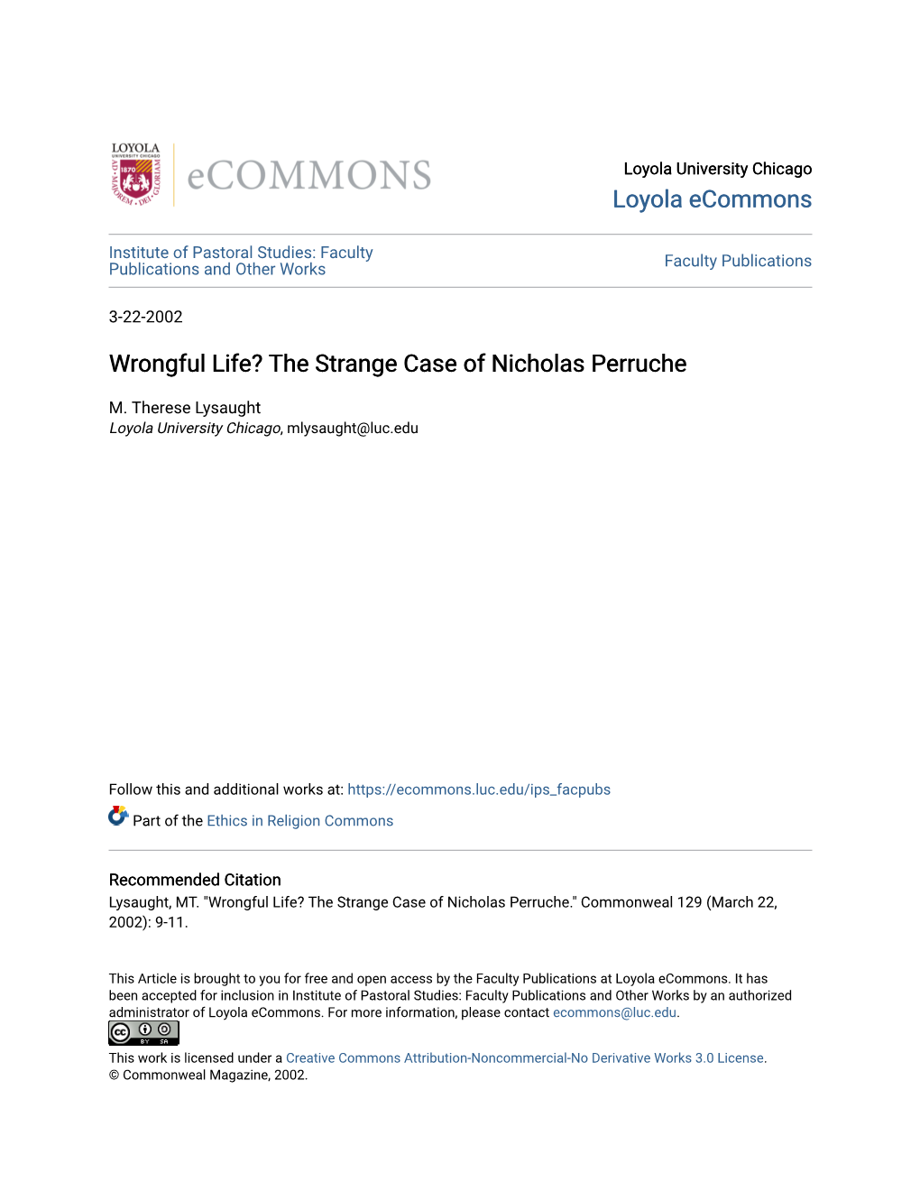 Wrongful Life? the Strange Case of Nicholas Perruche