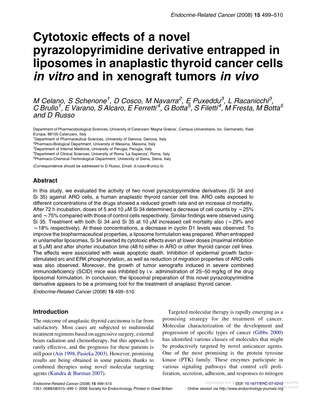 Cytotoxic Effects of a Novel Pyrazolopyrimidine Derivative Entrapped in Liposomes in Anaplastic Thyroid Cancer Cells in Vitro and in Xenograft Tumors in Vivo