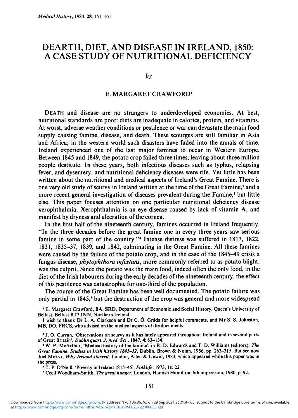 Dearth, Diet, and Disease in Ireland, 1850: a Case Study of Nutritional Deficiency