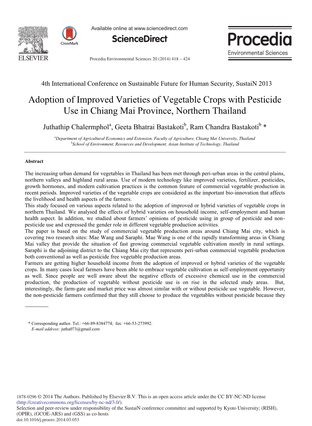Adoption of Improved Varieties of Vegetable Crops with Pesticide Use in Chiang Mai Province, Northern Thailand