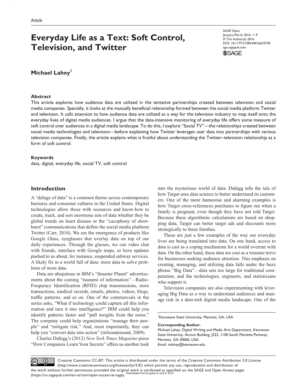 Everyday Life As a Text: Soft Control, © the Author(S) 2016 DOI: 10.1177/2158244016633738 Television, and Twitter Sgo.Sagepub.Com