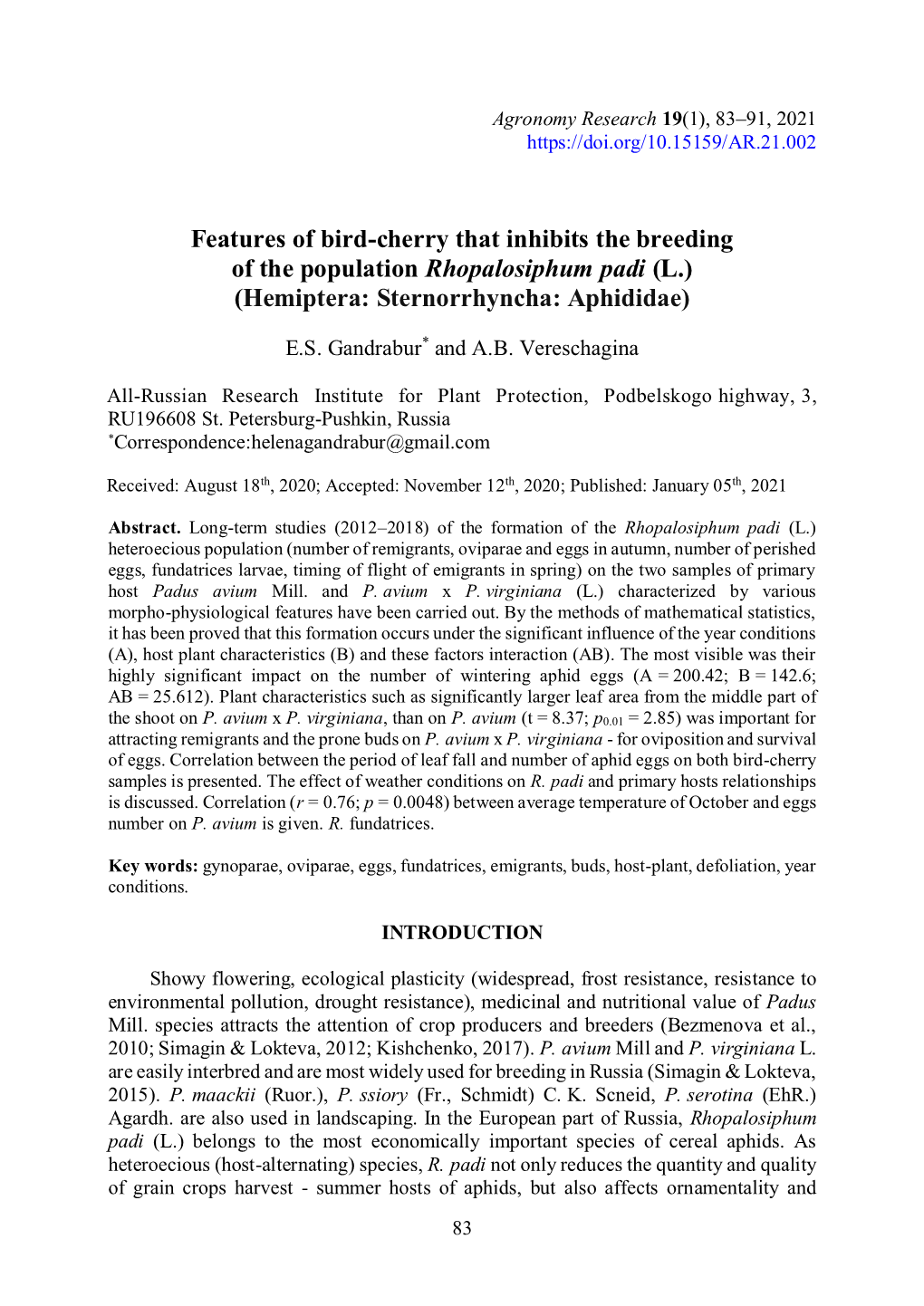 Features of Bird-Cherry That Inhibits the Breeding of the Population Rhopalosiphum Padi (L.) (Hemiptera: Sternorrhyncha: Aphididae)