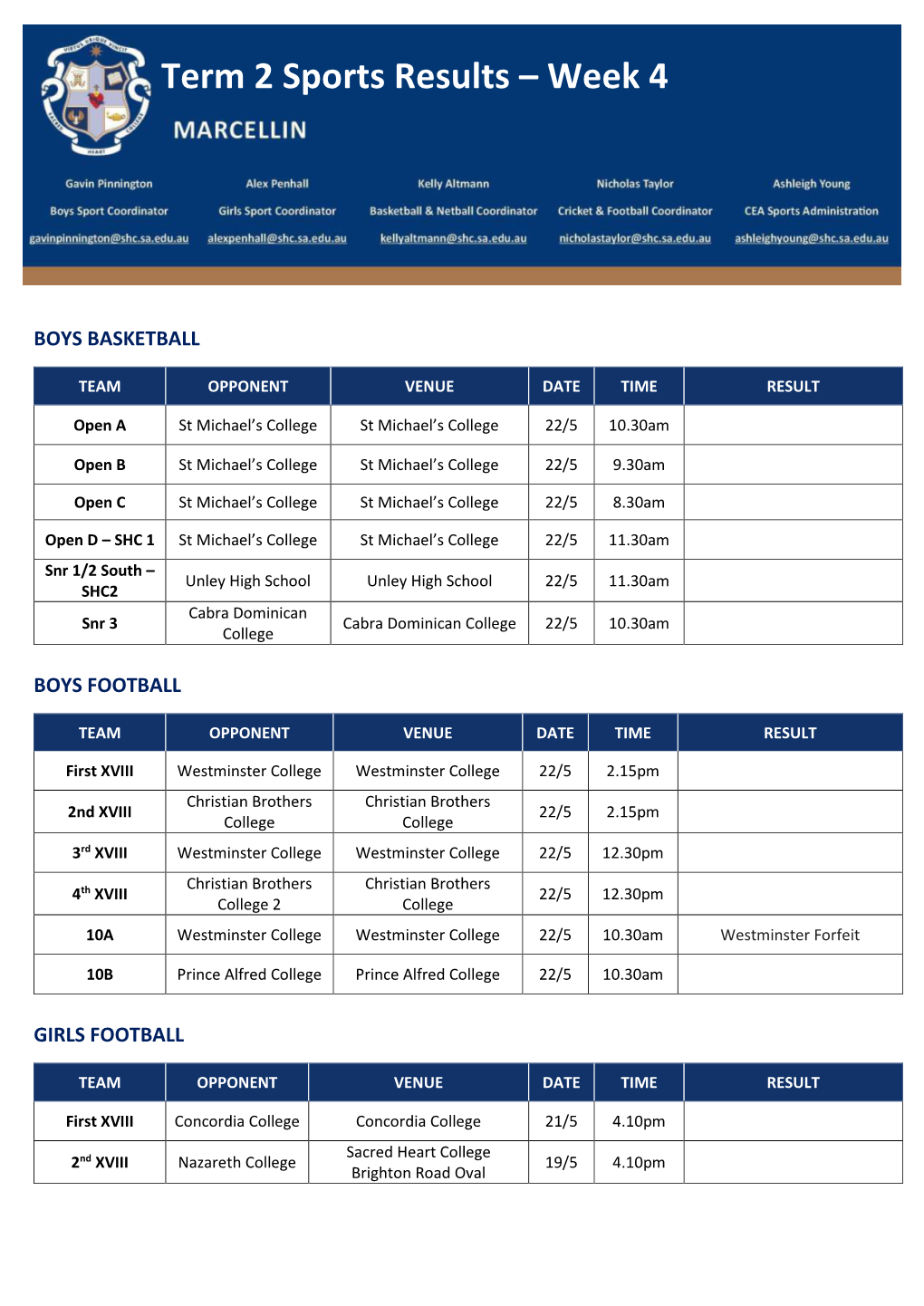 Term 2 Sports Results – Week 4