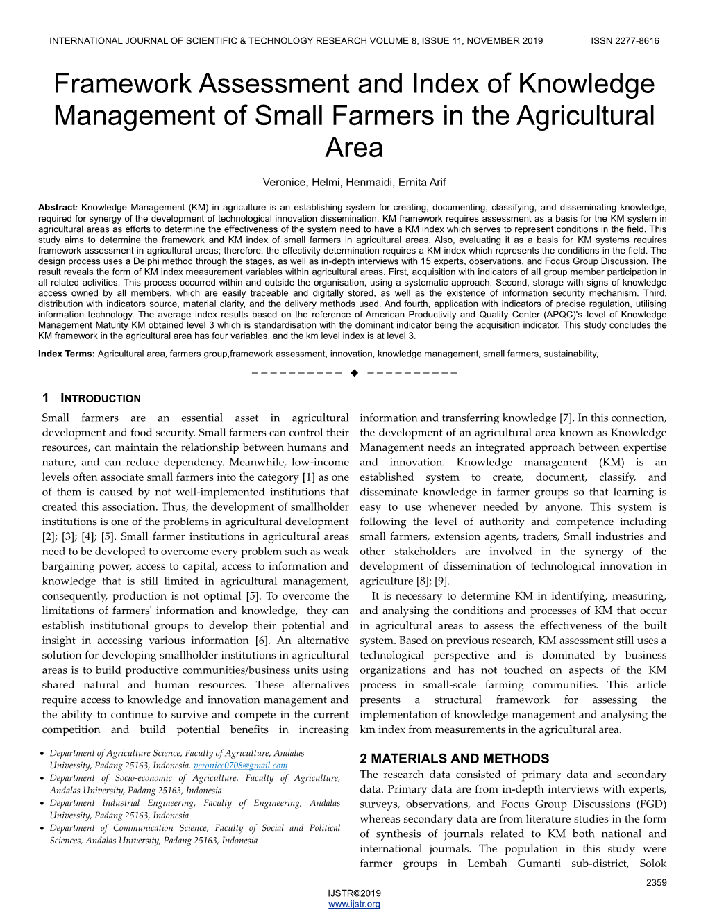 Framework Assessment and Index of Knowledge Management of Small Farmers in the Agricultural Area