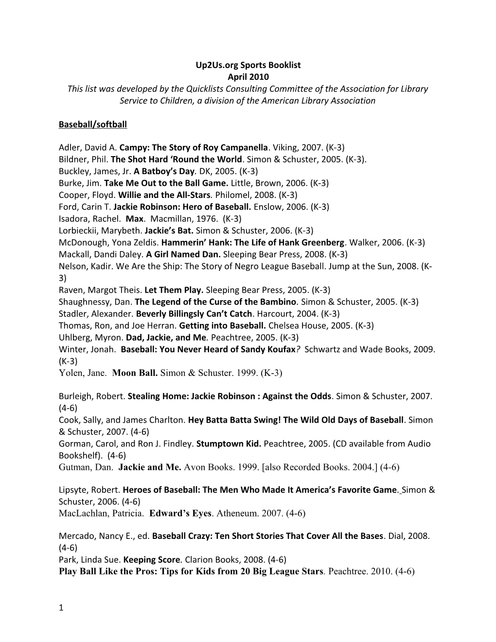 Up2us.Org Sports Booklist