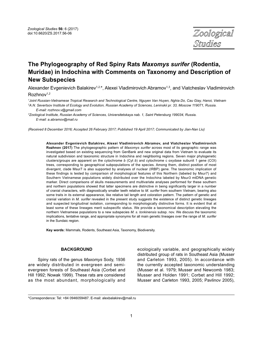 The Phylogeography of Red Spiny Rats Maxomys Surifer