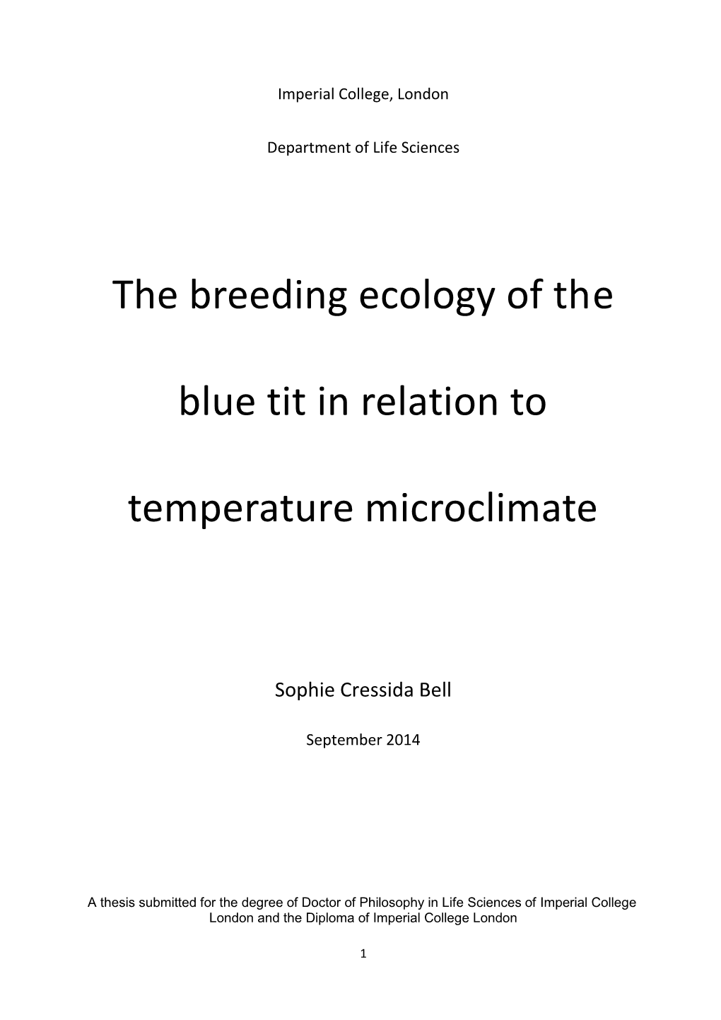 The Breeding Ecology of the Blue Tit in Relation to Temperature Microclimate