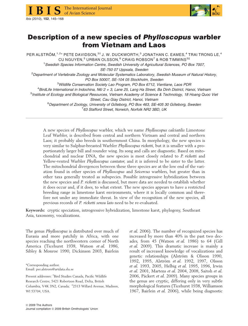 Description of a New Species of Phylloscopus Warbler from Vietnam and Laos