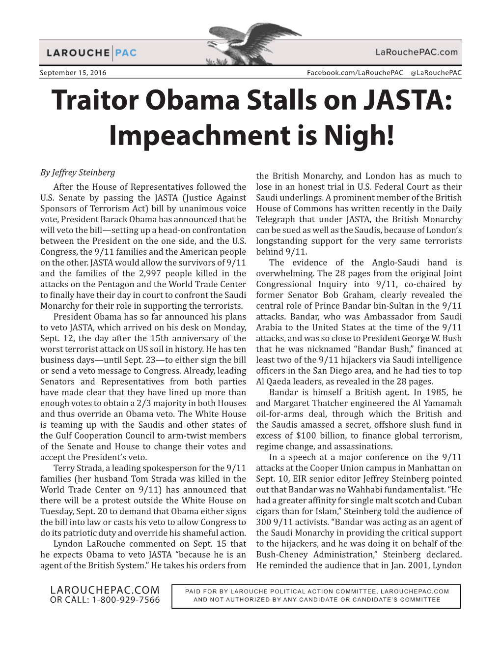 Traitor Obama Stalls on JASTA: Impeachment Is Nigh!