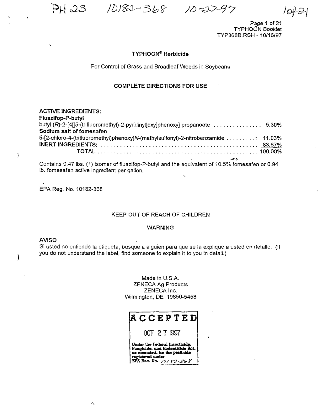 U.S. EPA, Pesticide Product Label, , 10/27/1997